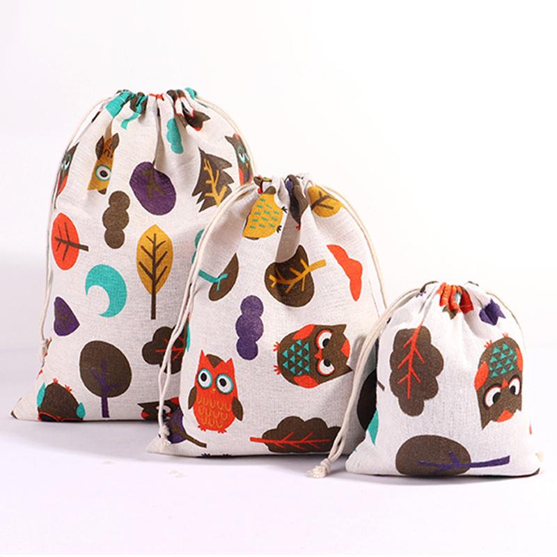 Cotton Linen Drawstring Bag Cute Cartoon Pattern Animal Plant Printed Pouch Dustproof Storage Bag Gift Packaging Bags