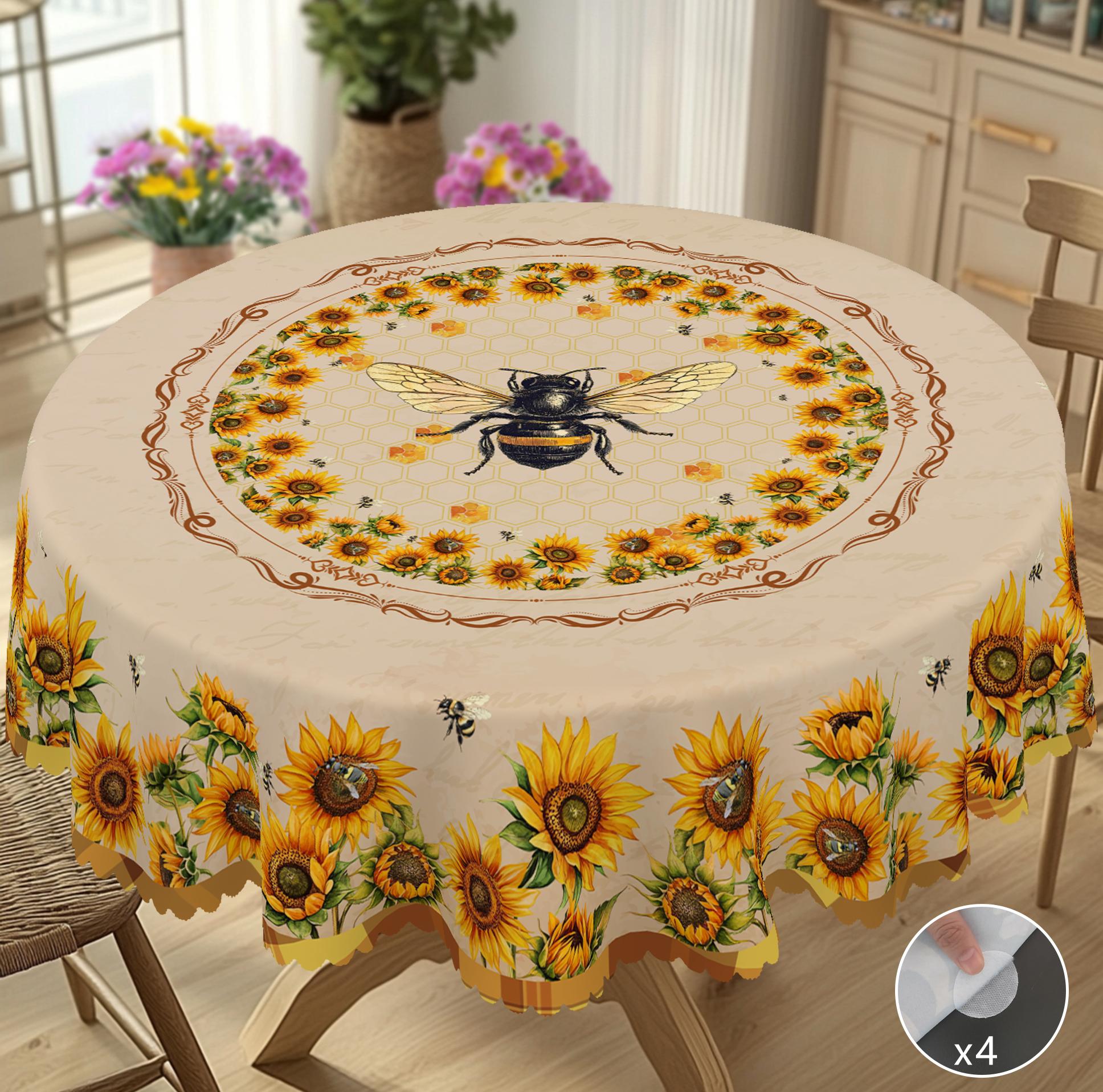 

1 Piece Of Sunflower Bee Print Round Tablecloth, 5 Sizes Available, Square Tablecloth With Retro Sunflower Flower Print Design, Edge Embossing Process 152x152cm