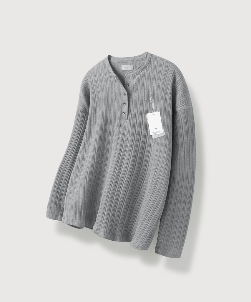MOOD INSIDE Ribbed Henley Neck Long Sleeve_Gray