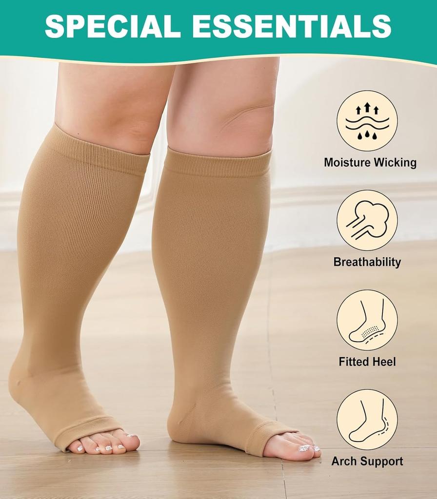 1Pair Toeless Compression Socks for Women Men,Plus Size Compression Socks Wide Calf for Circulation Edema Varicose Veins