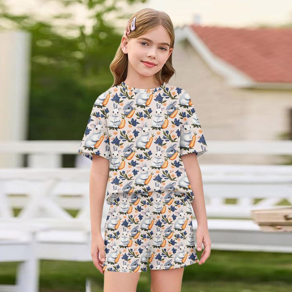 Kid Patriotic Outfit - Short Sleeve & Shorts 2-Piece Set For Girl Easter Day