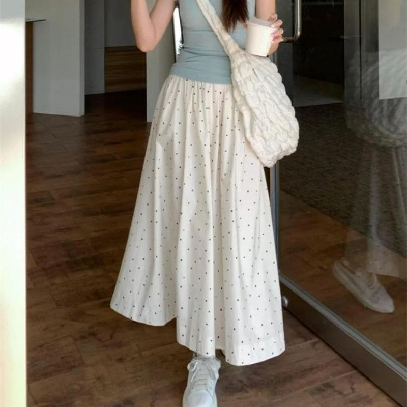 Soft Beige Polka Dot Midi Skirt for Women - Summer High-Waist A-Line Long Skirt with Simple Elastic Waist