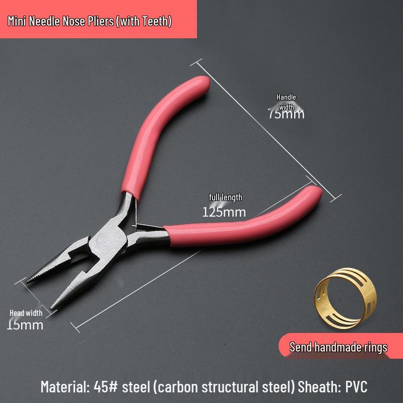 Pink DIY Multifunctional Jewelry Pliers Set: 5" Needle-Nose, Round-Nose, and Angled Pliers. Ideal for crafting and detailed work.