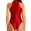 Shiny High-Cut Swimsuit: Glossy European & American Dance Leotard, High Elasticity, Silky Hip-Hugging, High Neck Sleeveless Design.