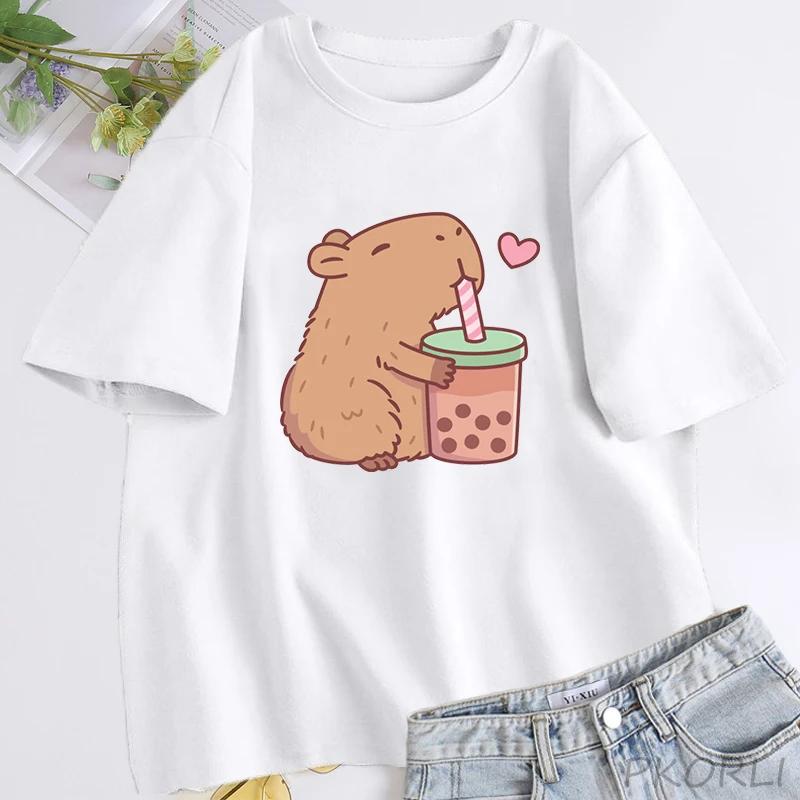 Cute Capybara Loves Bubble Tea T Shirt for Women Cotton Short Sleeve Cartoon Graphic T Shirts Summer Short Sleeve Tee Clothes