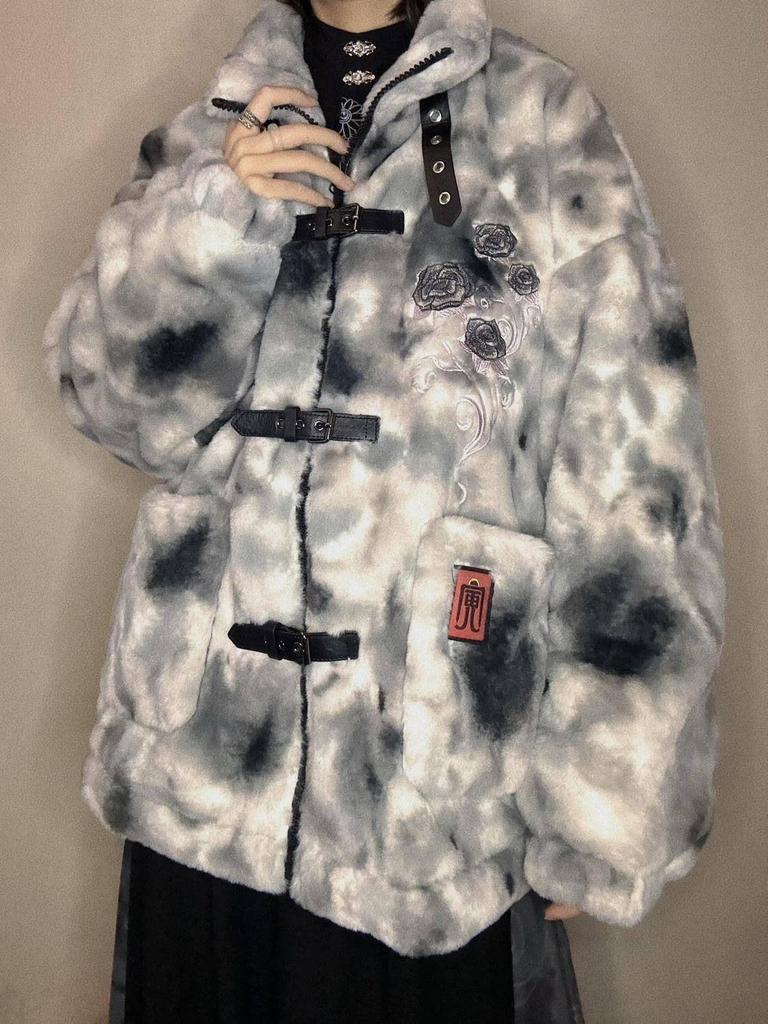 Dark Style Sheyin Faux Rabbit Fur Coat - Quirky Embroidered Stand-Up Collar for Autumn/Winter