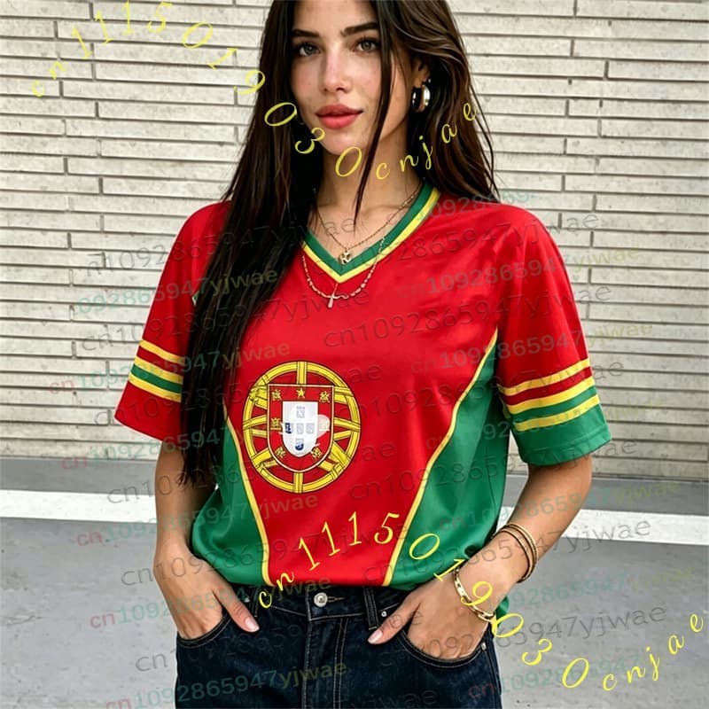 2026 Kadın Erkek Ponpon Kızlar PORTUGAL NO.7 Y2k Üstler Yaz Futbol Kısa Kollu Forma Günlük Tişörtler Hip Hop Kadın Erkek Giyim