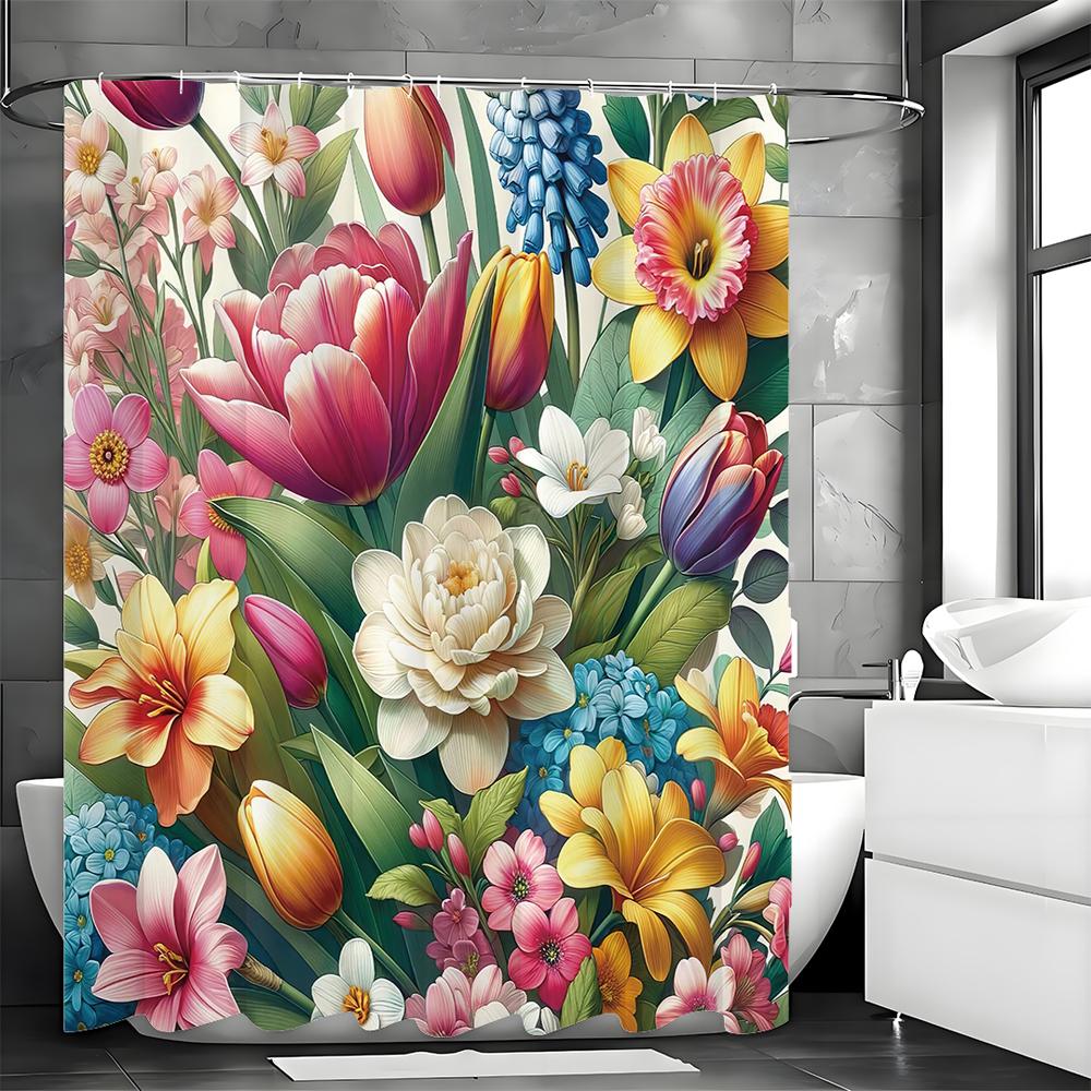 Spring Colorful Floral Botanical Shower Curtain, Bathroom Decorative Shower Curtain, Waterproof Shower Curtain with Hooks