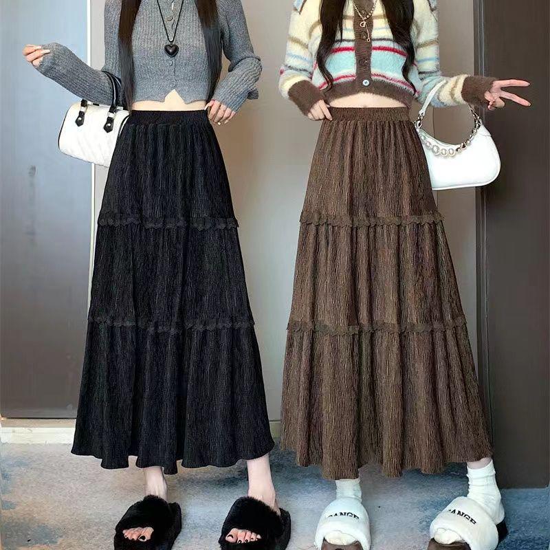 Corduroy Lace Patchwork A-line Drape Skirt for Women - Autumn/Winter 2025 Collection