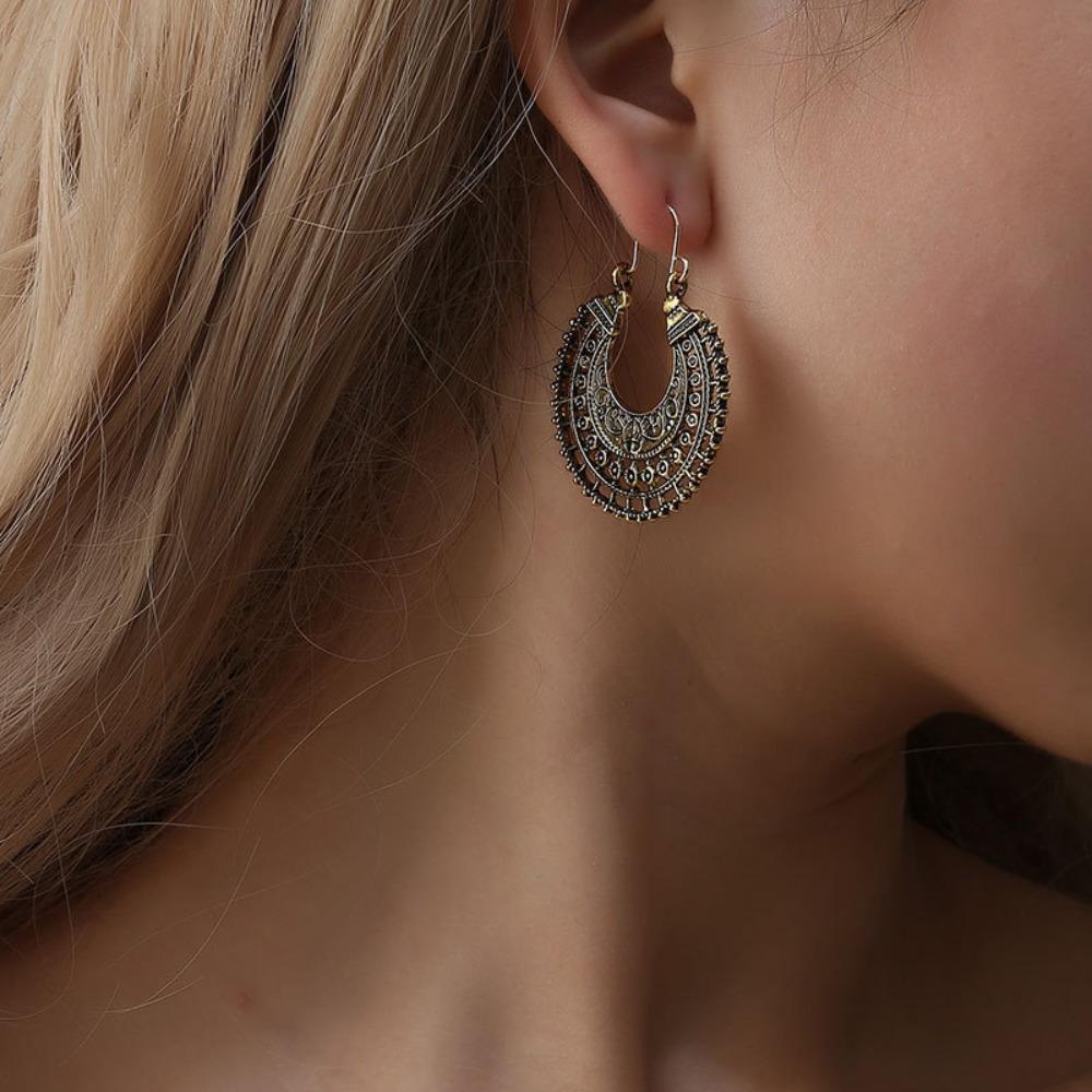 Vintage Boho Style Hollow Floral Hoop Earrings for Women Men Ethnic Unique Design Fashion Gold Color Dangle Earring Jewelry Gift