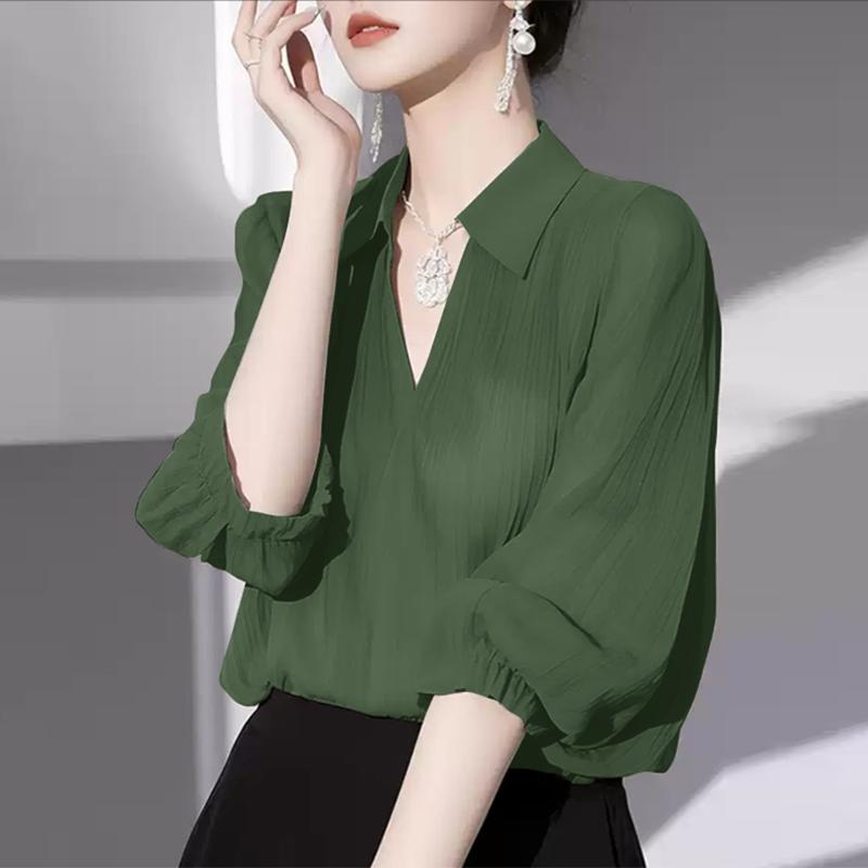 

ZANZEA Женская повседневная блузка с V-образным вырезом, свободного кроя, с рукавами 3/4, летняя 2XL зелёный