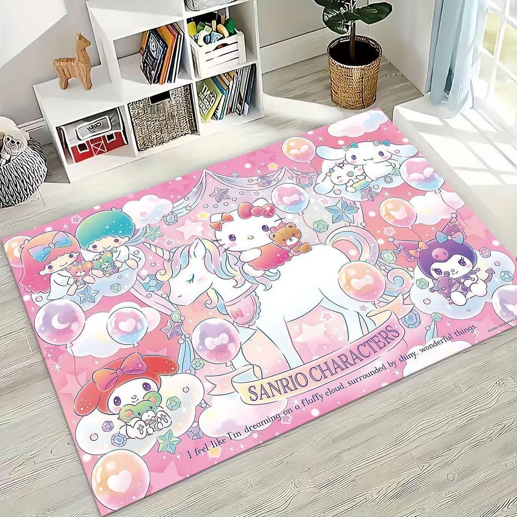 3D Cute Hello Kitty Sanrio Cartoon Rug for Bedroom Living Room Sofa Home Doormat Decor, Large Kid Play Non-slip Floor Mat Gift