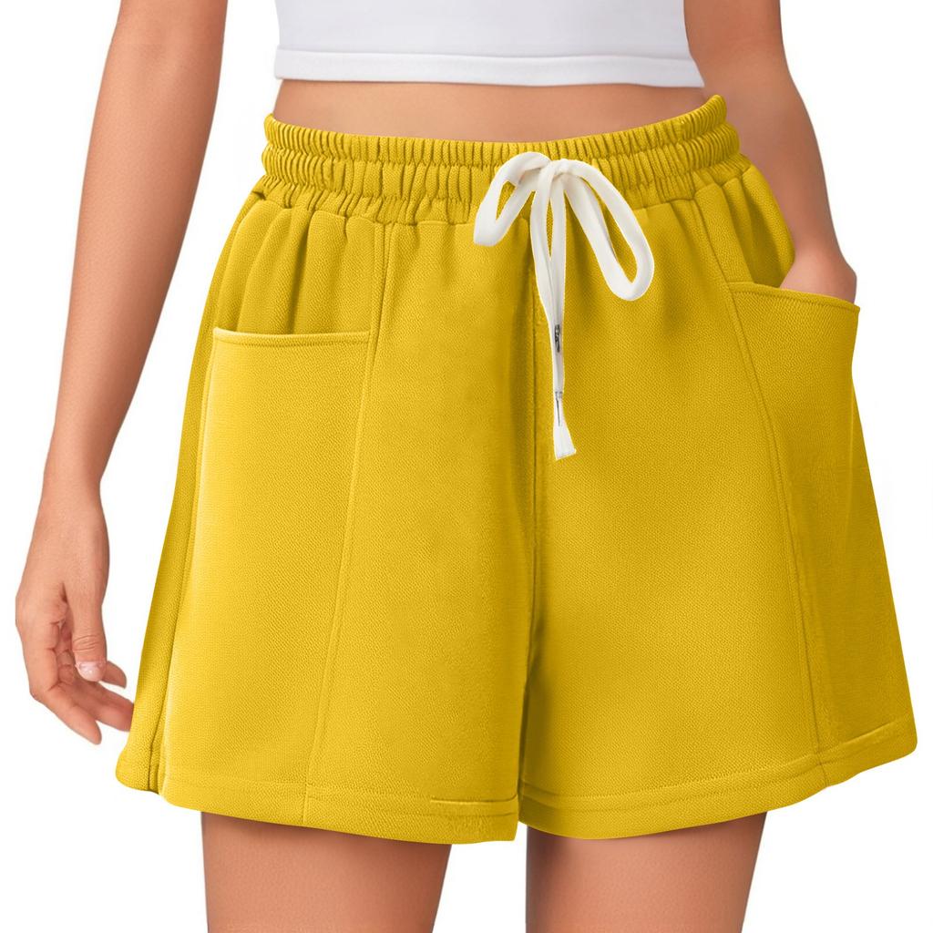 Damen Sommer Einfarbig Hohe Taille Kordelzug Bequem Lässig Sportshorts