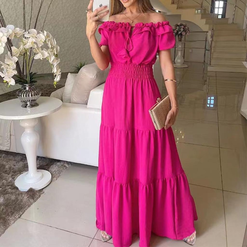 LYRIA Solid Boho Dress Women Fashion Elegant Beach Party Dress Casual Slash Neck Office Maxi Dresses For Woman Robe Femme