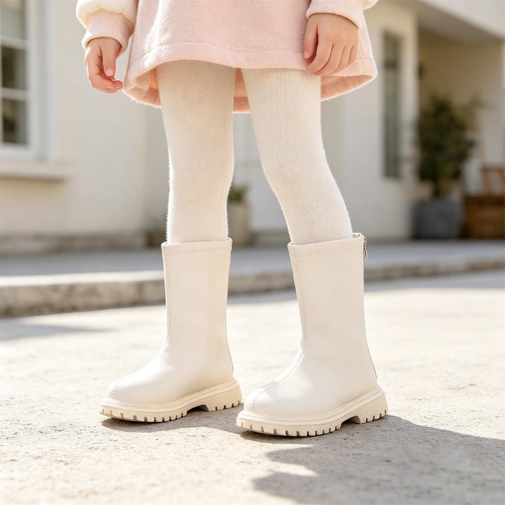Children's Fashion Round Toe Mid-Calf Leather Boots with Back Zipper