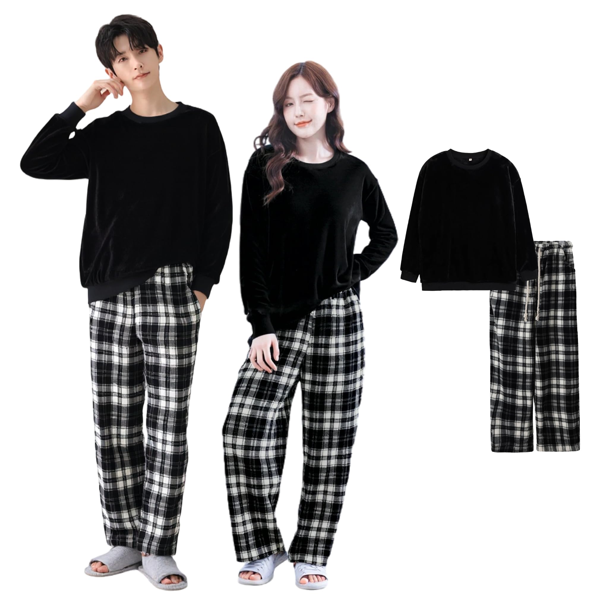 

Пижама Beatgos для мужчин и длинная свободная для осени и зимы, черная, размер женский, пушистая, теплая, рукав, посадка, (CL01 & Черный, M)