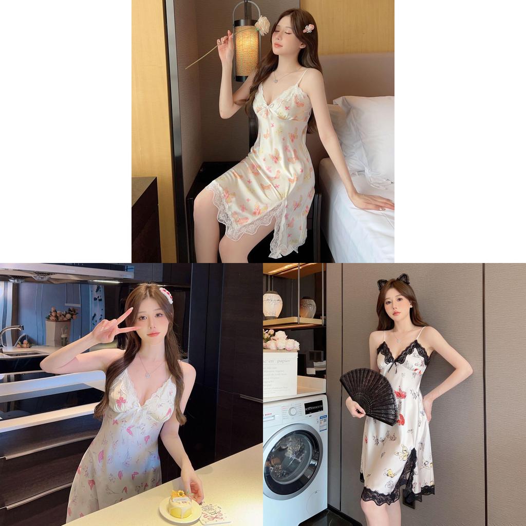 V Neck Sleeveless Sleepwear For Women With Floral Prints Summer Comfortable Ice Silk Nightdress For Young Ladies