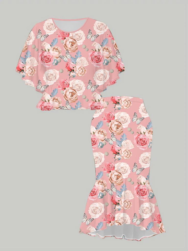 3D Blumenmuster Klassischer Totem Damenprint, Modisch Übergröße, Elegant, Vielseitig für alle Jahreszeiten. T-Shirt, Rock und Set