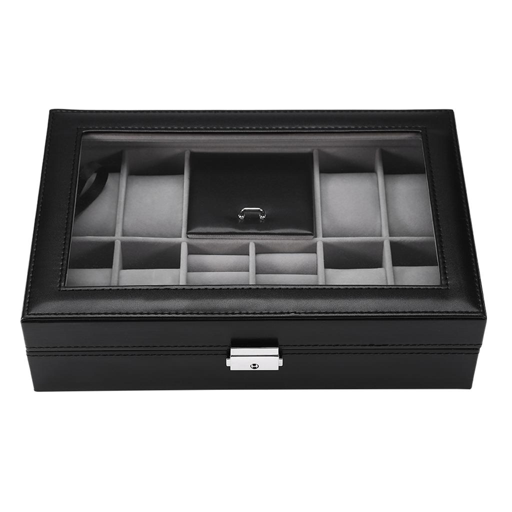 Multi Functional 8 Slots 2 Grids Watch Display Case Ring Jewelry Storage Box Organizer
