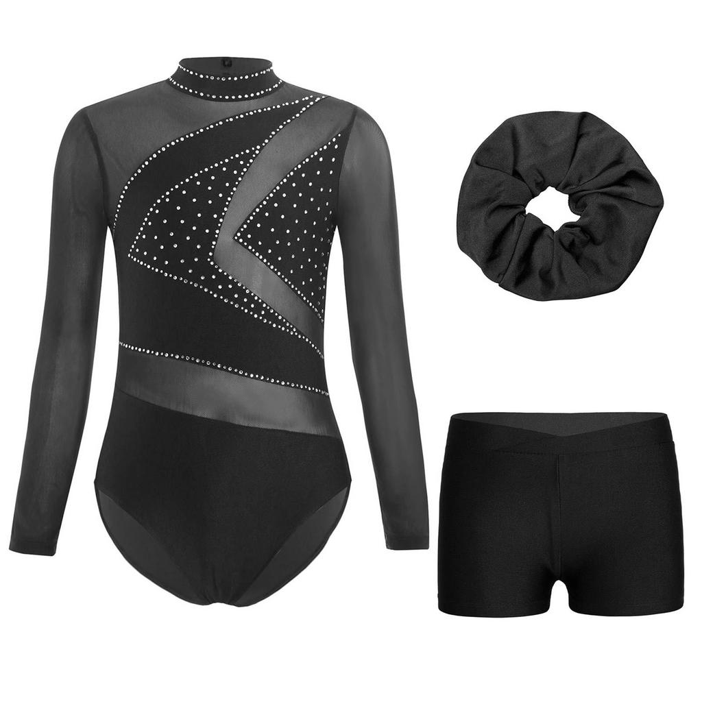 Girls Mesh Long Sleeve Cutout Back Sparkly Rhinestone Leotard V Front Waistband Shorts Hairband Gymnastics Set
