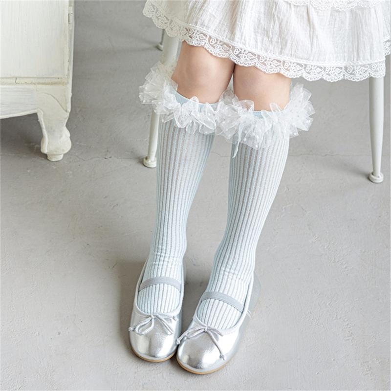 Sweet Style Mesh Dress Socks with Decorative Edge Accent for Toddler Girls Formal Event Under Knee Length Stockings
