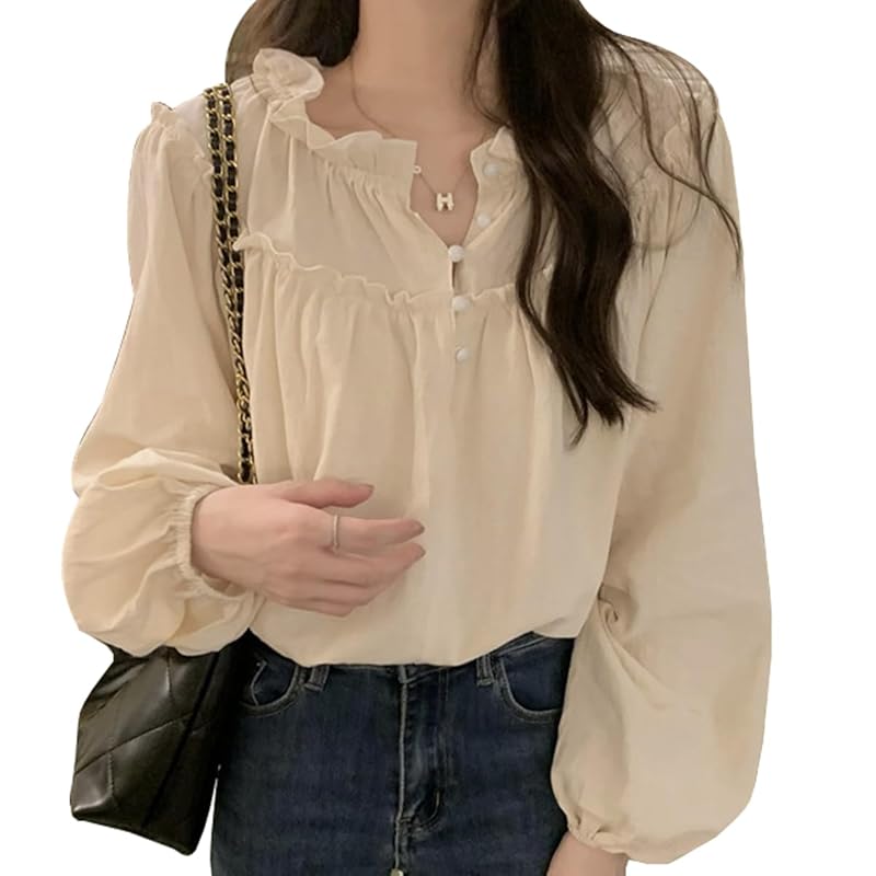 

[Wearbee] volume sleeve ruffle blouse Walnut button gather cute fashionable Fluffy upper arm cover ladies stand collar band color long sleeve long