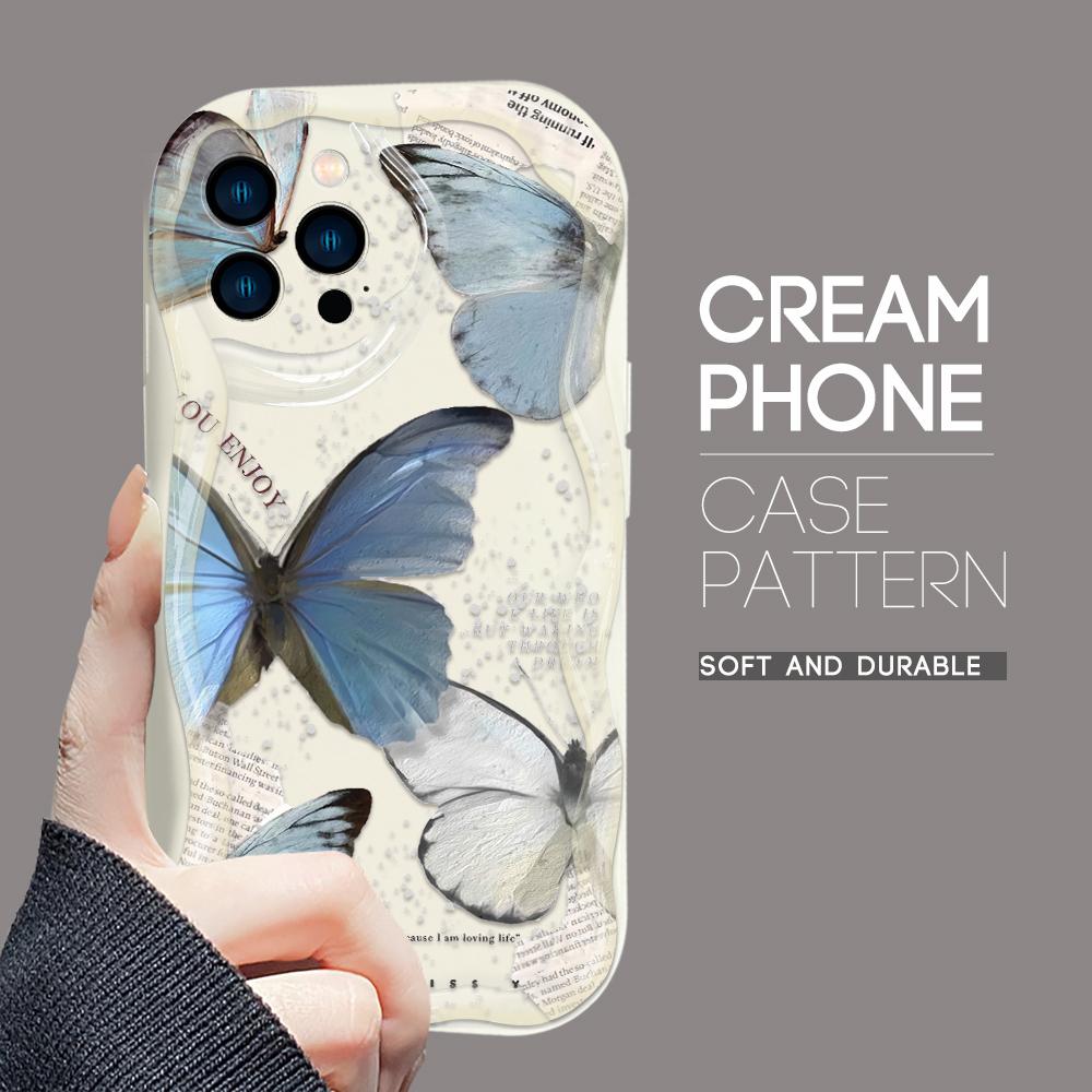 For iPhone 16 15 14 13 12 Samsung S24 S23 S22 A06 A13 A14 A15 A16 A55 Redmi Note 13 12 Retro Butterfly Design Soft Silicone Wave Edge Phone Case
