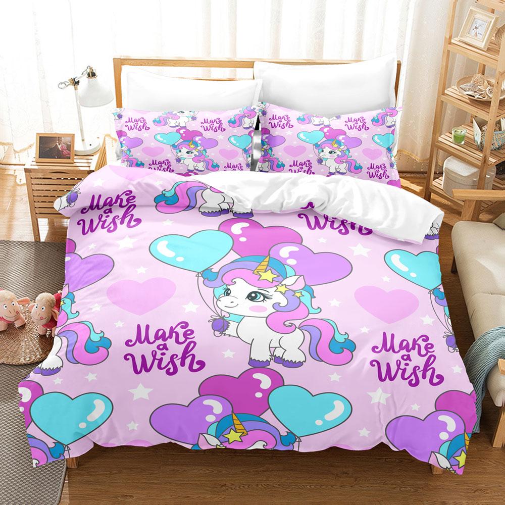 3D Cartoon Bedding Set Unicorn Rainbow Printed Duvet Cover Set Soft Skin-Friendly Single Double King Size for Kids Birthday Gift