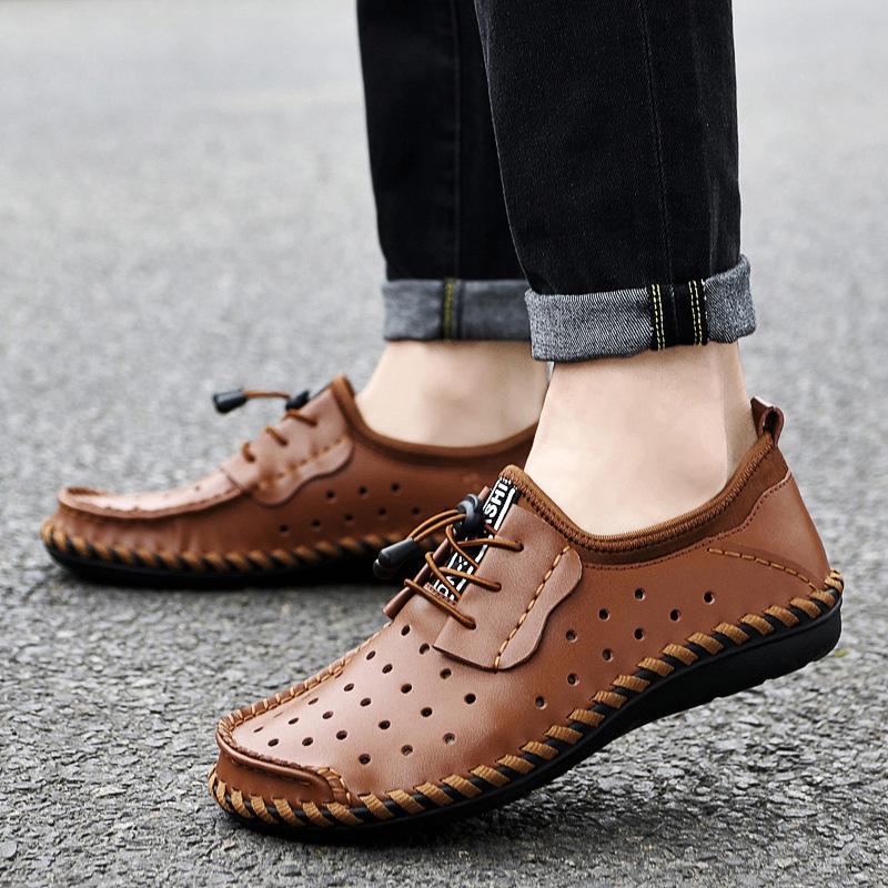 Summer Slip-on Lofter Men's Leather Hole Shoes Men's Driving Casual Leather Shoes Breathable Peas Board Shoes Fashion