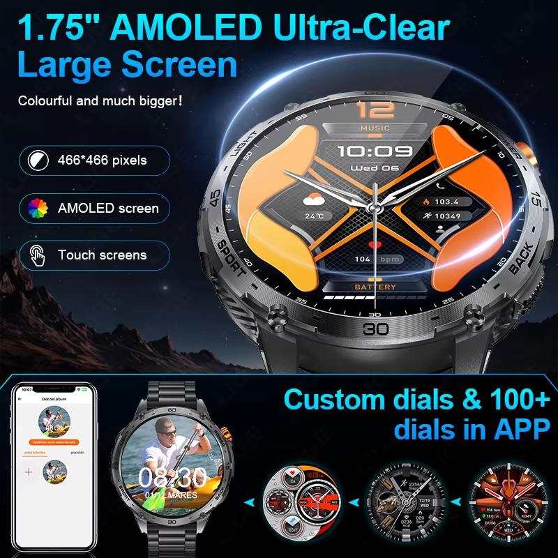 2025 New Military Smart Watch Men 730mAh Large Battery Flashlight AMOLED HD Display 3ATM Waterproof Outdoor Sports Smartwatch
