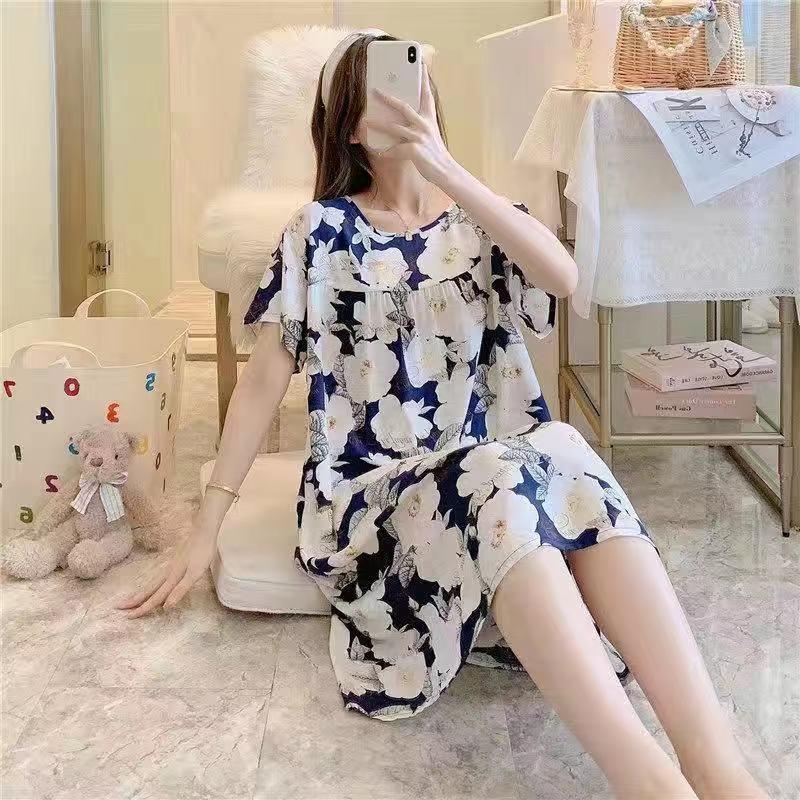 Women's Cotton Silk Mid-Length Nightgown - Summer Pajamas Plus Size Homewear for Middle-Aged and Elderly