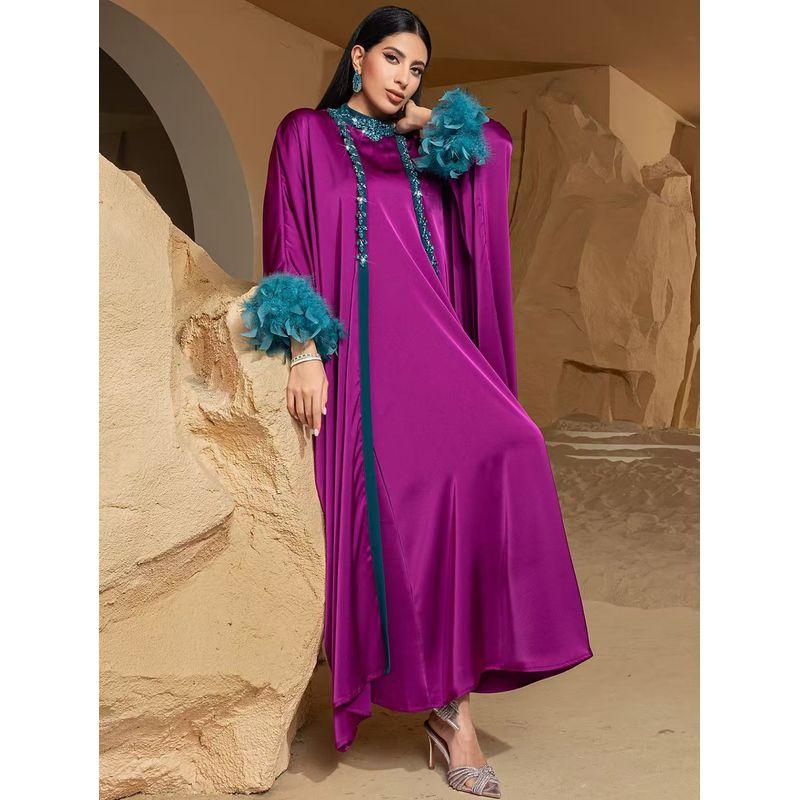 Middle East Fashion Hand Sewing Drill Feather Sleeve One-piece Dress set Hand Sewn Diamond Dress Set