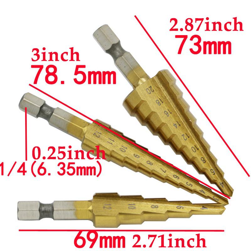 3Pcs/Set 3-12mm/4-12mm/4-20mm HSS Straight Groove Step Drill Bit Titanium Coated Wood Metal Hole Cutter Core Drilling Tools Set