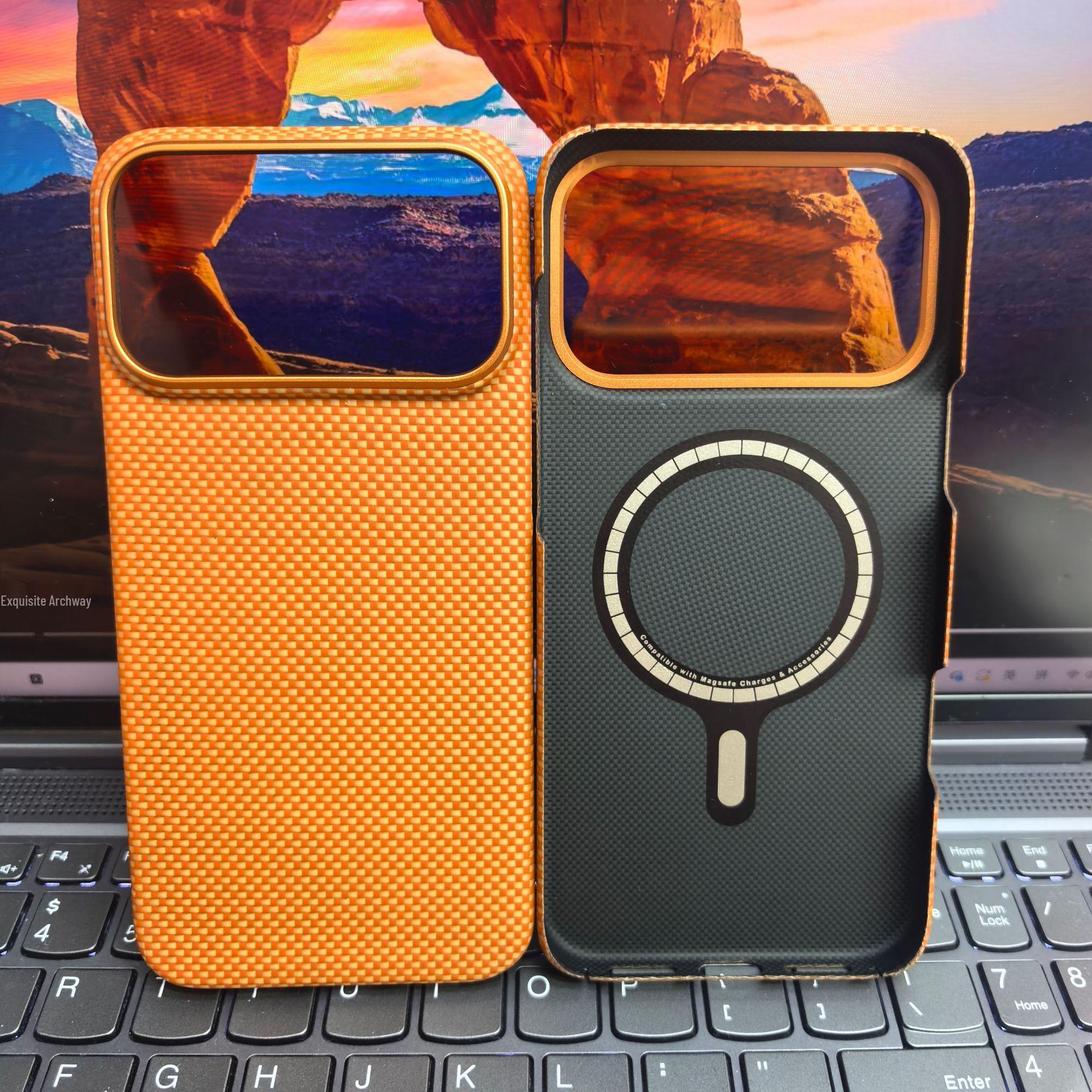 

Orange Kevlar Aramid Carbon Fiber Magnetic Case for iPhone 17 Pro Max iPhone 17 Pro Max