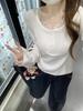 Korean Autumn Slim-Fit Square Neck Lace Trim Long-Sleeved Cashmere T-Shirt for Women