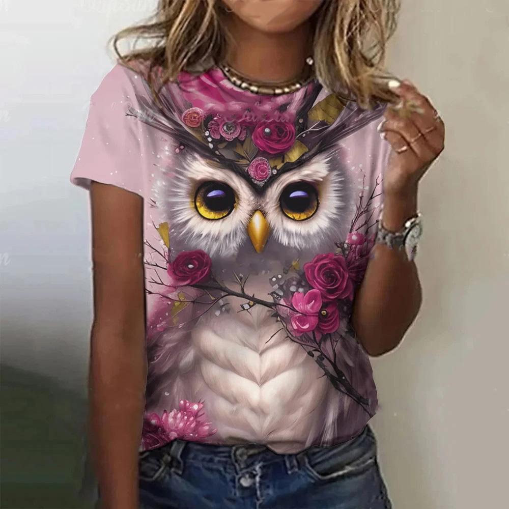 Summer new animal owl pattern 3D printed T-shirt for women, short sleeved round neck T-shirt