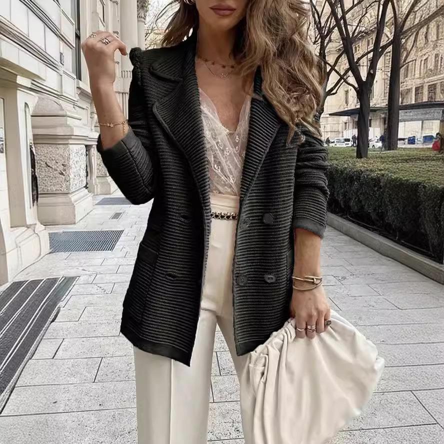 European and American Rib Knit Casual Blazer - Short and Loose Fit, Solid Color