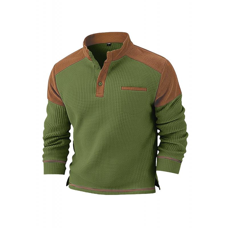 New Winter Men Waffle Knit Faux Pocket Casual Stand Collar Long Sleeve Corduroy Sweatshirt