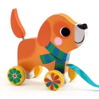 DJECO Lou Pull Toy, Pull Car, Dog Pull Leash, Educational Toy for Walking Practice, Suitable for Babies 1 Year, 18 Months, 2 Years Old, Boys and