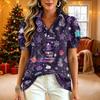 Women's V-Neck Christmas Print Short Sleeve Button-Up Blouse with Ruffle Trim