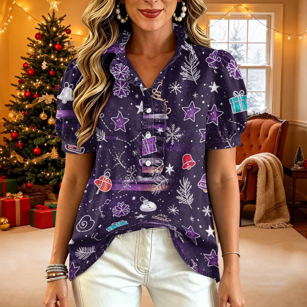 Women's V-Neck Christmas Print Short Sleeve Button-Up Blouse with Ruffle Trim