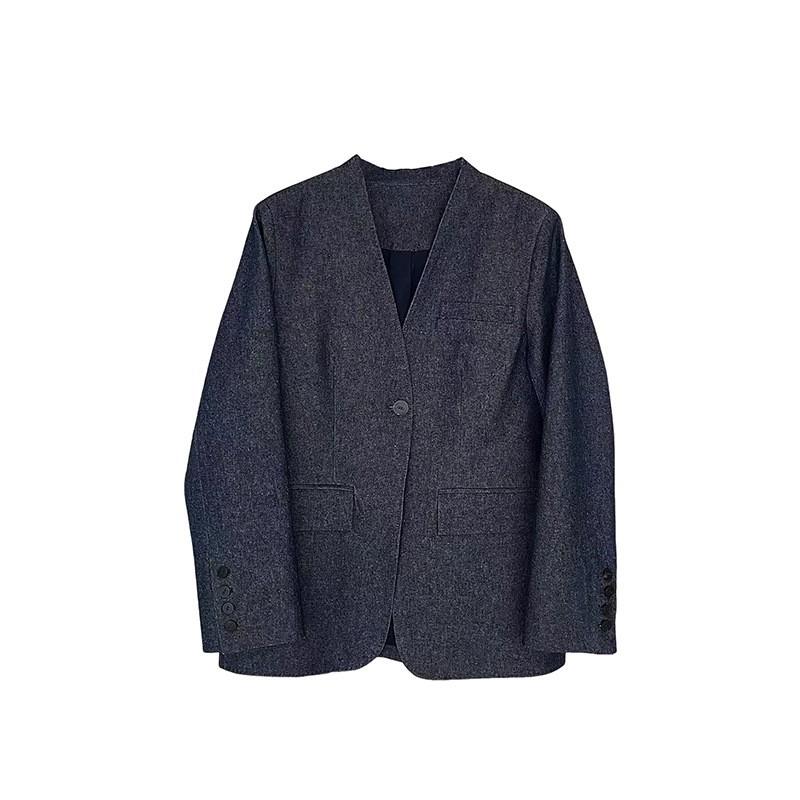 Womens Relaxed Fit Cotton Blazer With V-Neck Retro Blue Single Button Long Sleeve 2026
