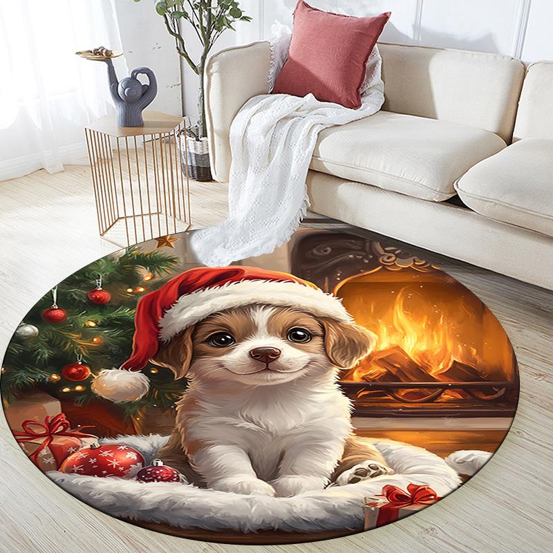 Santa Hat Puppy Round Area Rug,Carpet Rug for Living Room Bedroom Sofa Playroom Decor,Non-slip Floor Mat