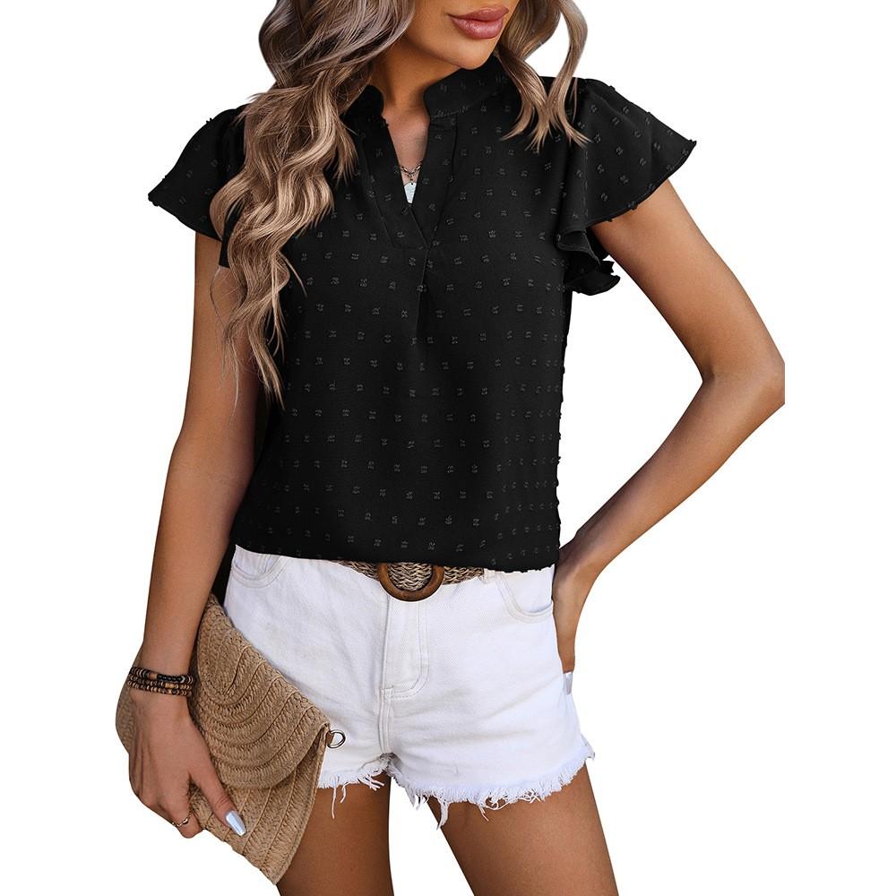 

Женская мода рубашка с v-образным вырезом с рюшами и рукавами-крылышками из шифона сплошной цвет повседневный топ L чёрный