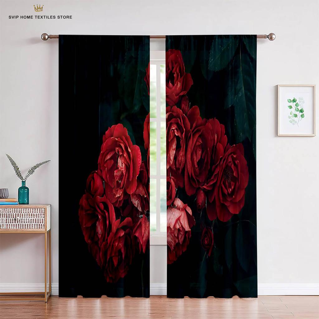 Red Retro Rose Flower 3D Printed Curtains, Suitable for Bedroom, Living Room, Balcony, Kitchen, Decorative, Easy to Wash