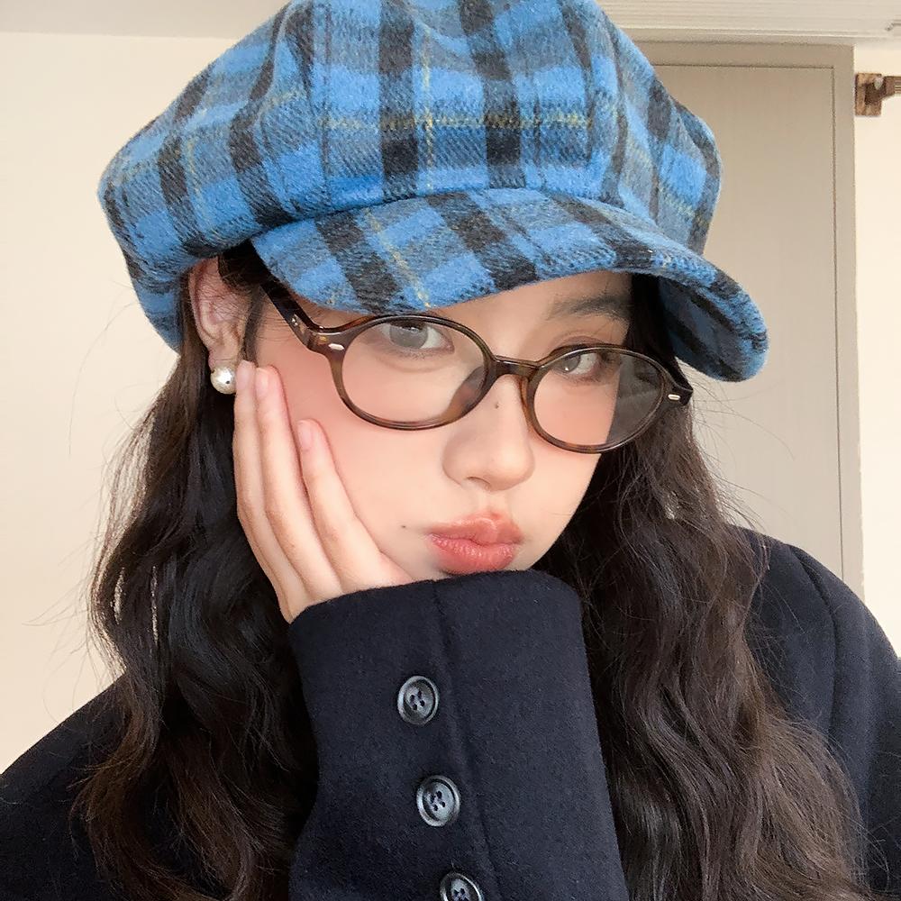 Woolen plaid beret women's autumn and winter face small cloud hat literary versatile octagonal hat newsboy painter hat