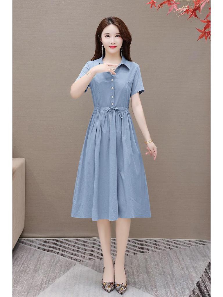 Women's 2023 Summer Solid Color Cotton Linen A-line Dress, Short Sleeve, Casual Slimming Design