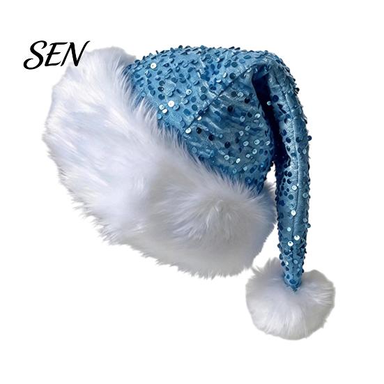 Santa Hat Christmas Sparkly for Women Men, Glitter Sequin with White Fluffy Trim Festive Costume Accessories Cosplay And Pom Pom, Holiday Party Bling