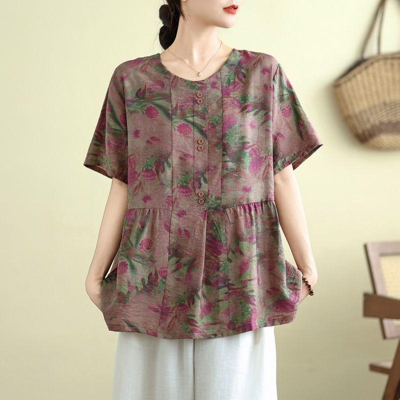Women's Floral Print Linen Blouse Casual Loose Short Sleeve Summer Top