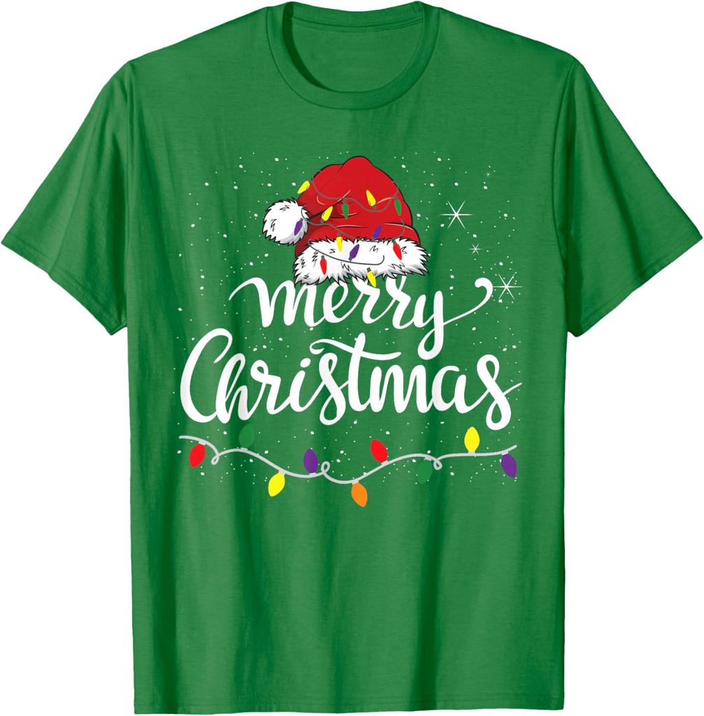 Merry Christmas Lights Red Santa Hat Xmas Family TShirt 100 Cotton ONeck Short Sleeve Summer Casual Mens Tshirt Streetwear